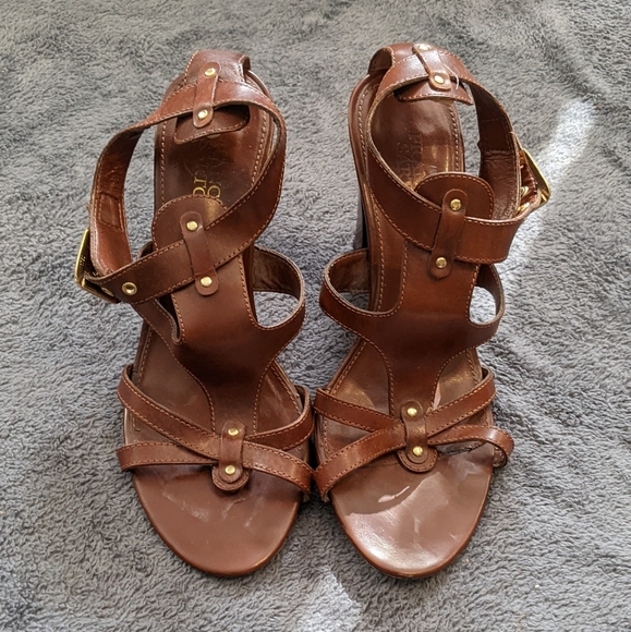 Franco Sarto Shoes - Brown strappy heeled sandals with belt buckle clasp